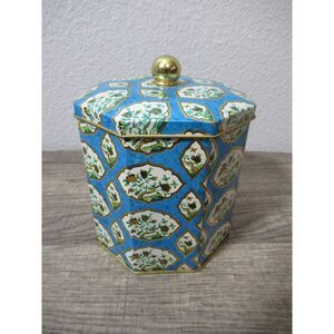 Vintage English Blue Floral & Bird Chinoiserie Style Octagonal Metal Storage Tin